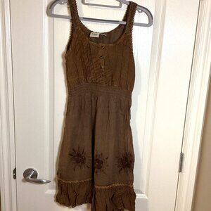 Vintage Rainforest Cafe Womens Brown Boho Bohemian Mini Embroidered Dress Size S